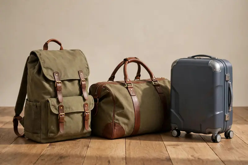 Bags and luggage: canvas backpack, weekender duffel and carry-on suitcase