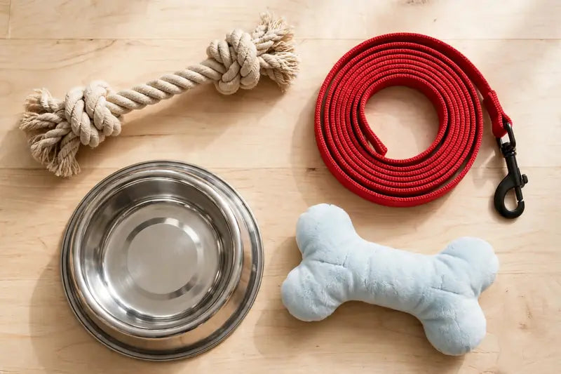 Pet supplies: rope toy, leash, food bowl and plush toy