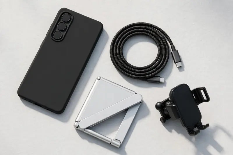 Tech Accessories: phone case, braided cable, phone stand and car mount