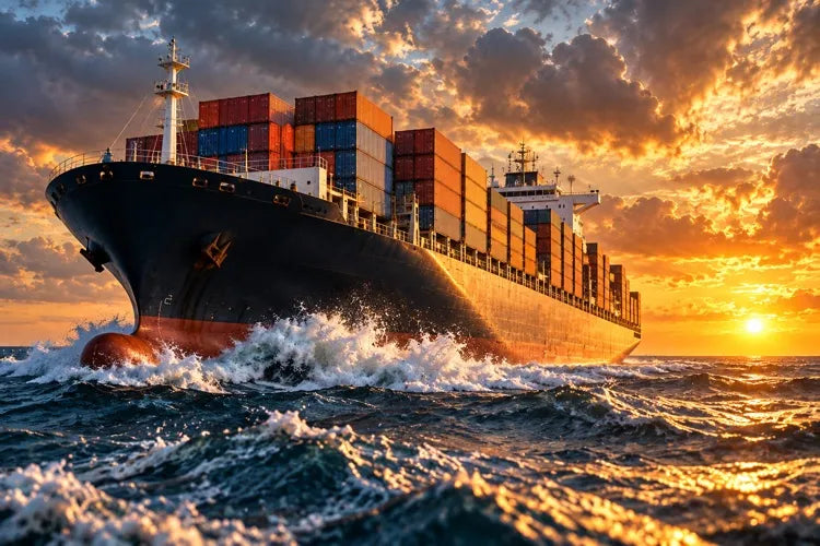 Container ship loaded with colorful shipping containers sailing at sunset